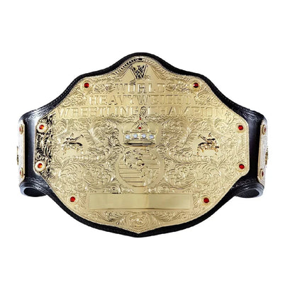 Replica gold WWE World Heavyweight Wrestling Champion belt with ornate detailing
