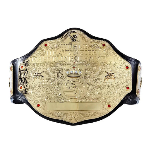 Replica gold WWE World Heavyweight Wrestling Champion belt with ornate detailing
