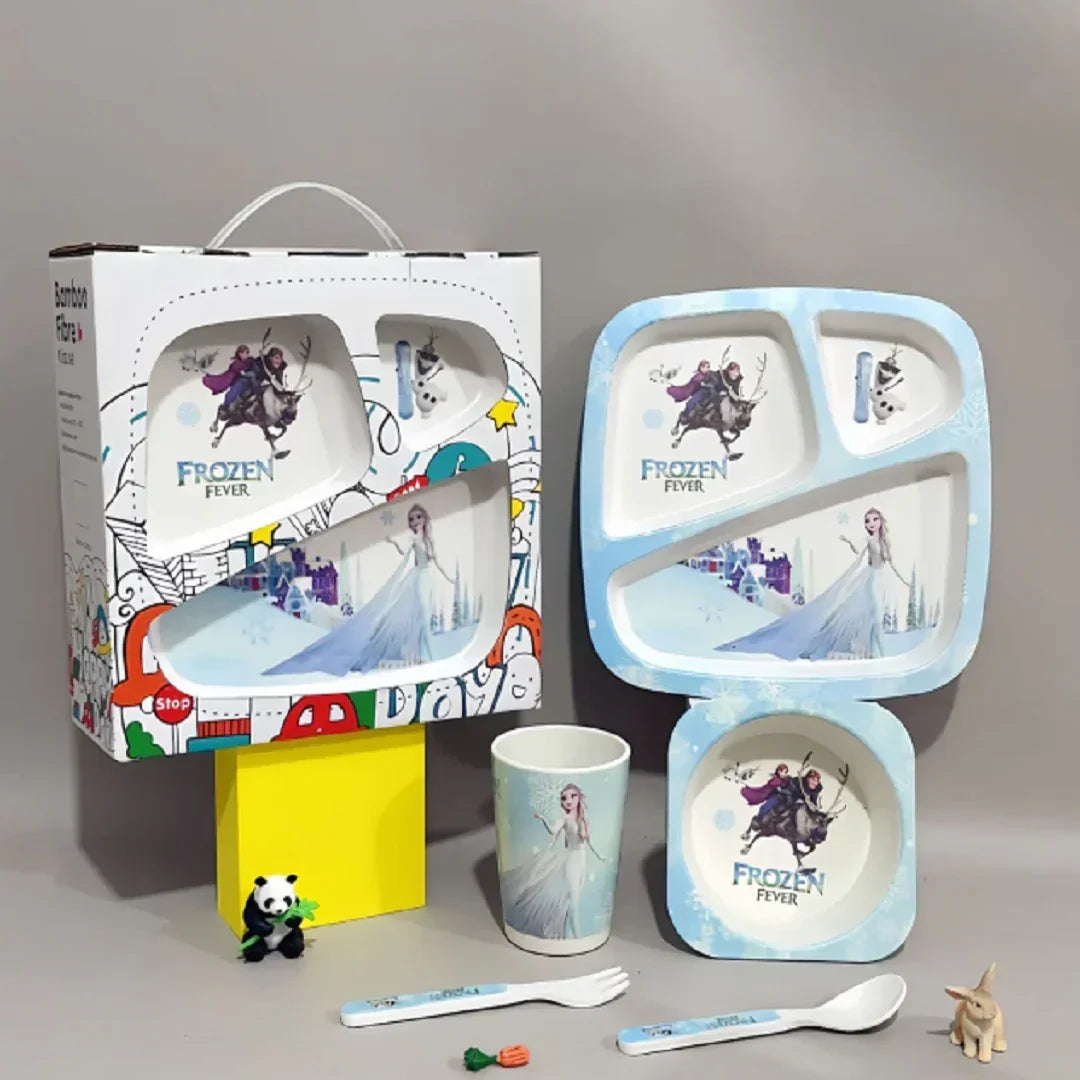 Frozen Fever kids bamboo dinnerware set featuring Elsa, Anna, Olaf, and Sven with plate, bowl, cup, spoon, and fork.