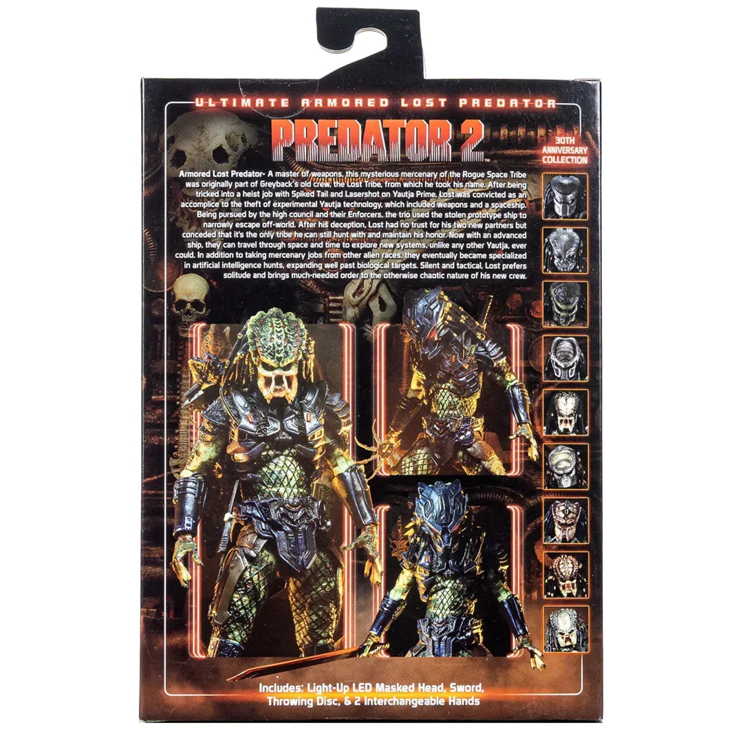 Predator 2 action figure packaging with armored Predator images, masks, and accessories displayed