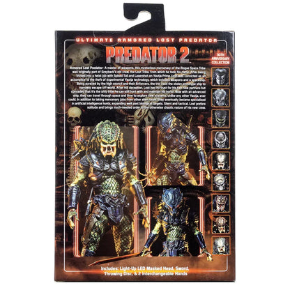 Predator 2 action figure packaging with armored Predator images, masks, and accessories displayed
