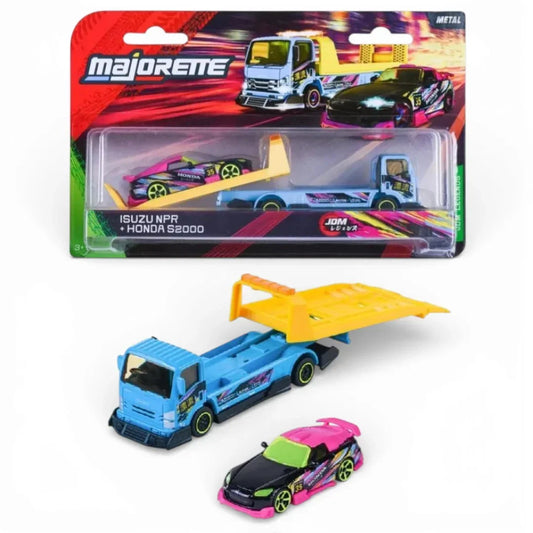 Majorette  1:64 JDM Legends Honda S2000 & Isuzu NPR Diecast Transporter Set | Metal Car & Truck Combo