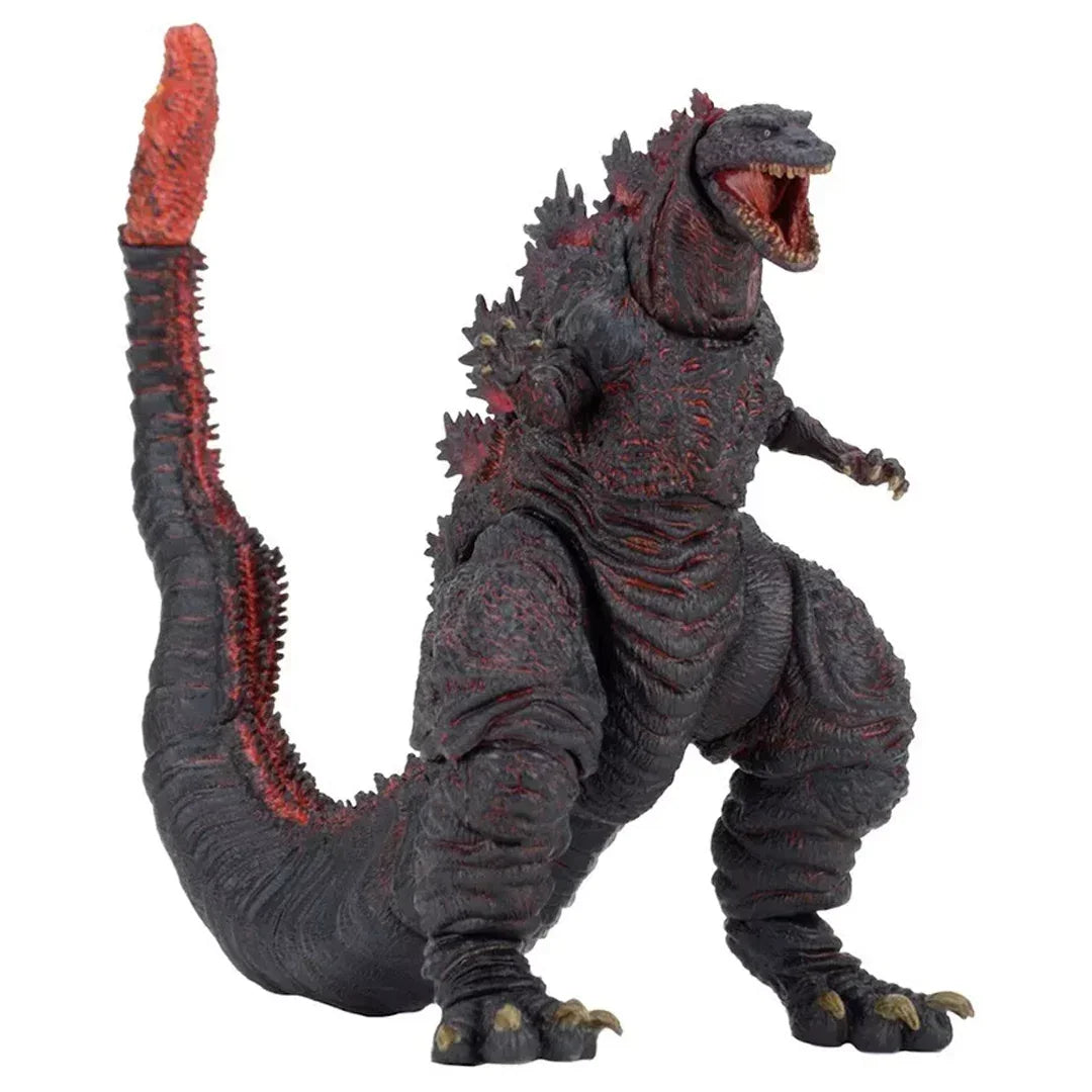 Detailed Godzilla action figure toy with red and black textured scales, posed roaring