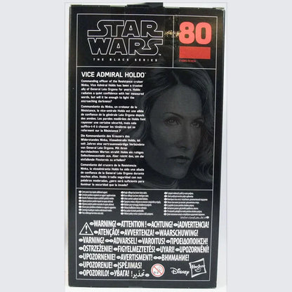 Star Wars Black Series Vice Admiral Holdo action figure box featuring character portrait and multilingual description