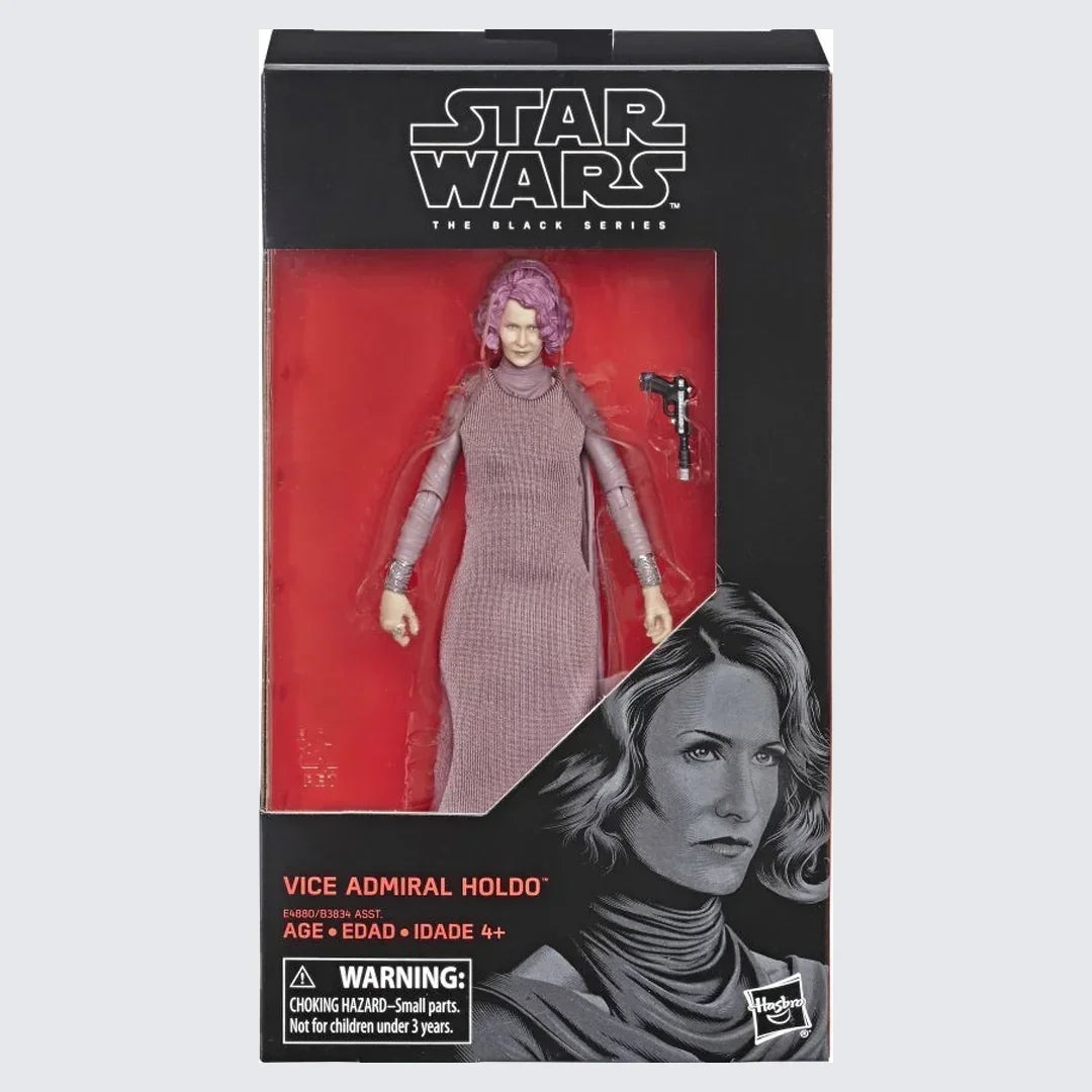 Star Wars The Black Series Vice Admiral Holdo action figure in box with blaster accessory.