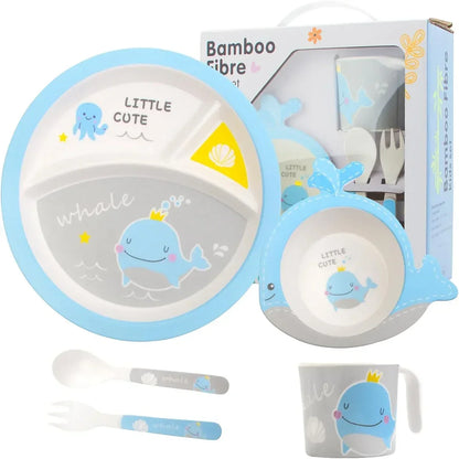Children's bamboo fiber dinnerware set with blue whale and ocean animal designs, includes plate, bowl, cup, spoon, and fork.