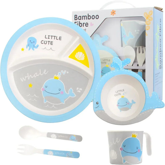 Children's bamboo fiber dinnerware set with blue whale and ocean animal designs, includes plate, bowl, cup, spoon, and fork.