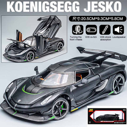 Joy Junction Koenig Smoke 1:24 Scale Die-Cast Hypercar Model with Sound & Light – Pull Back Metal Sports Car Toy for Collectors (Black)