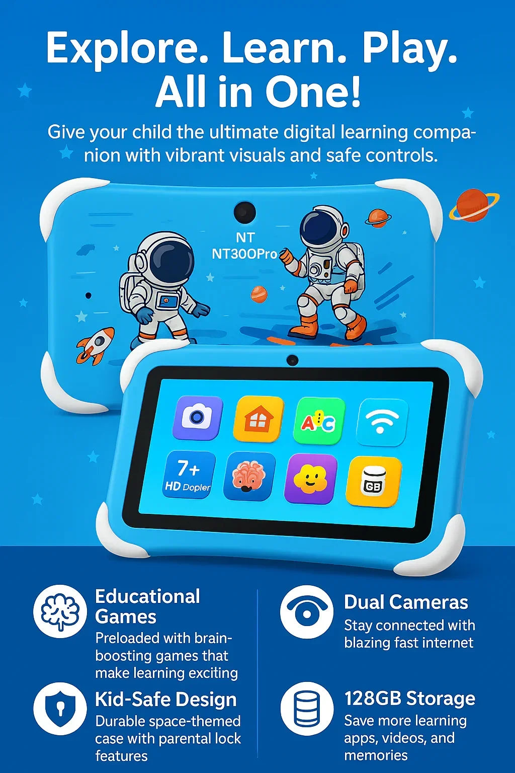 Kids Learning Tablet – 7" HD, 128GB, Dual Cameras, 4G/WiFi, Parental Lock, Fall-Proof Cover - Jaiman Toys