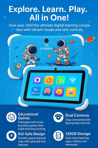Kids Learning Tablet – 7" HD, 128GB, Dual Cameras, 4G/WiFi, Parental Lock, Fall-Proof Cover - Jaiman Toys
