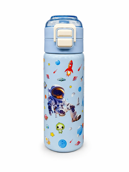 Kids Stainless Steel Space Theme Water Bottle 500ml with Straw Lid – Leakproof School Bottle for Children (Astronaut Design)