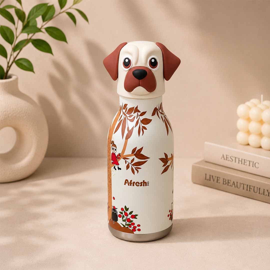AFRESH 365 Animal Head Collection Puppy Stainless Steel Vacuum Insulated Water Bottle 450ml (16oz) with Straw, Cleaning Brush & Carry Strap
