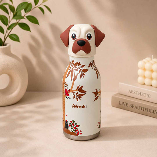 AFRESH 365 Animal Head Collection Puppy Stainless Steel Vacuum Insulated Water Bottle 450ml (16oz) with Straw, Cleaning Brush