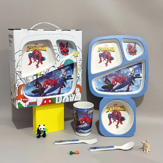 Marvel Spider-Man kids dinnerware set with plate, bowl, cup, fork, and spoon on display