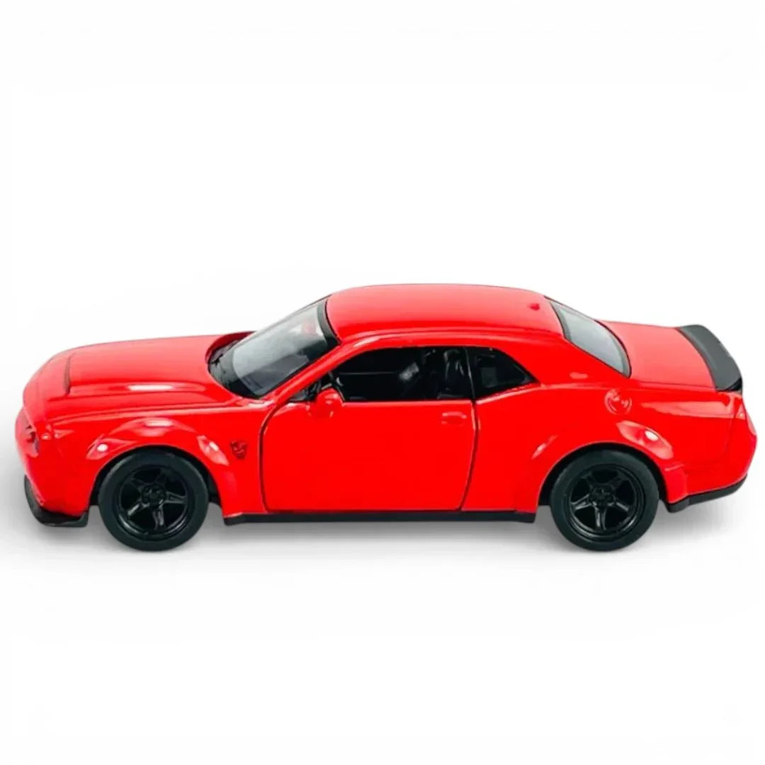 RMZ City 1:36 Dodge Challenger SRT Demon Die-Cast Car | Licensed Collectible with Opening Doors & Pull-Back Action | Metal Model Toy (Red / Yellow)