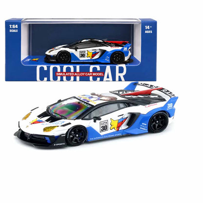 CoolCar Lamborghini Aventador GPX #30 1:64 Scale Die-Cast Model Car | White & Blue Racing Livery Collectible with Display Case