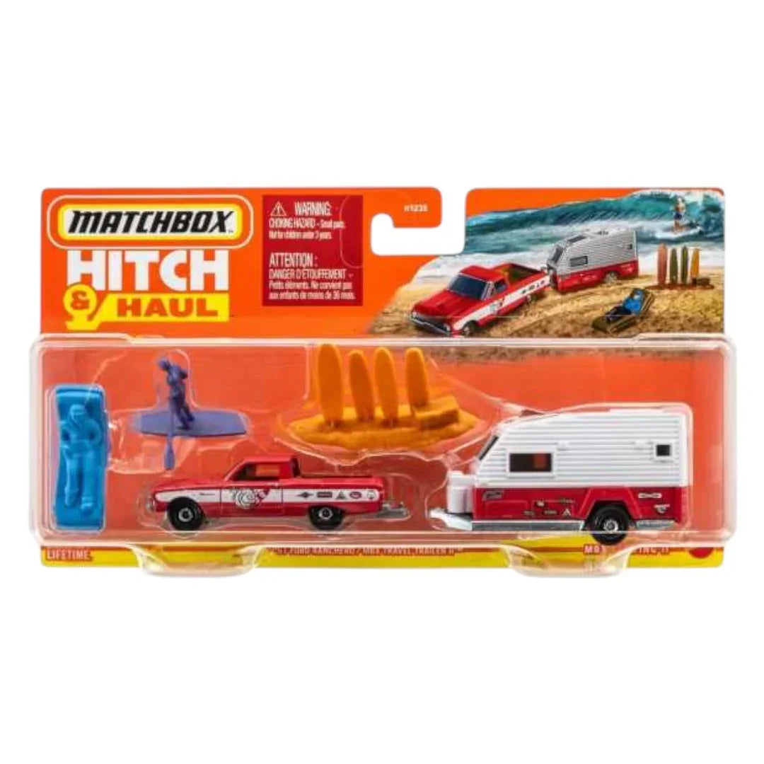 Matchbox Die-Cast  Collectible Playset Hitch & Haul 1961 Ford Ranchero/MBX Travel Trailer ll & MBX Surfing ll