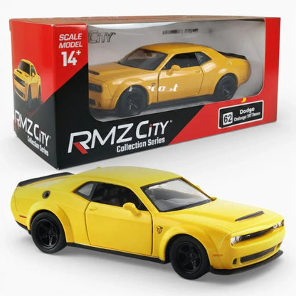 RMZ City 1:36 Dodge Challenger SRT Demon Die-Cast Car | Licensed Collectible with Opening Doors & Pull-Back Action | Metal Model Toy (Red / Yellow)