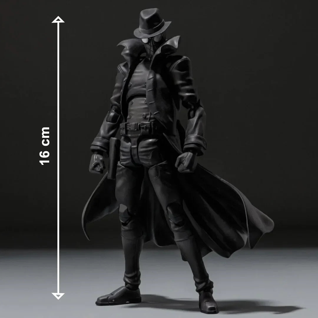 Black action figure in trench coat and fedora, 16 cm tall collectible toy.