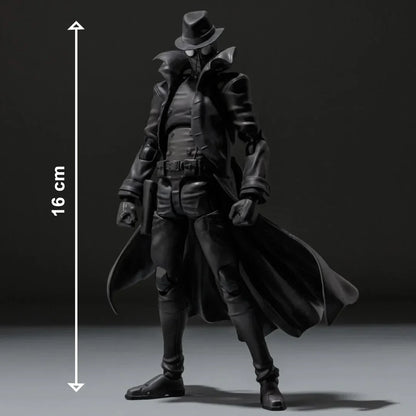 Black action figure in trench coat and fedora, 16 cm tall collectible toy.