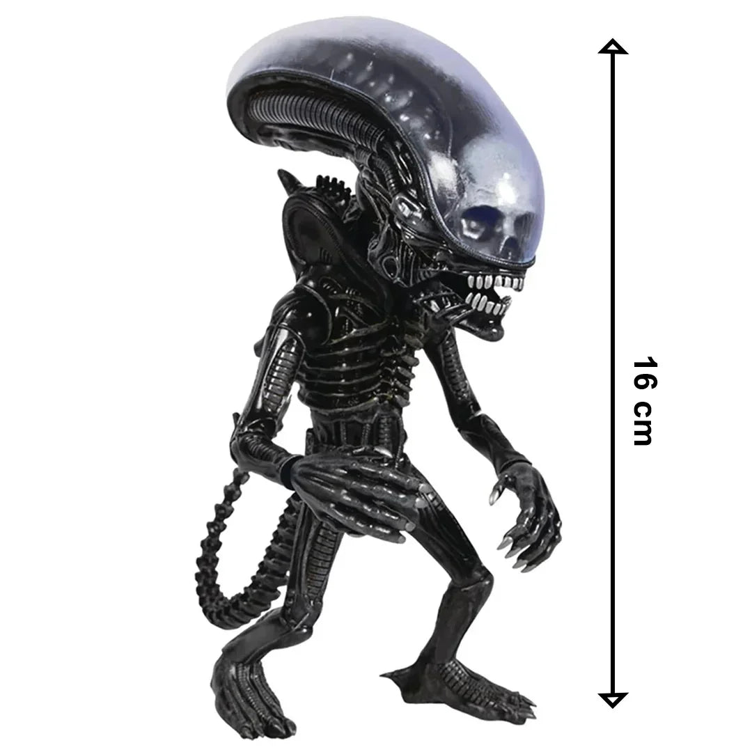 16 cm tall black alien action figure with transparent dome head and detailed body