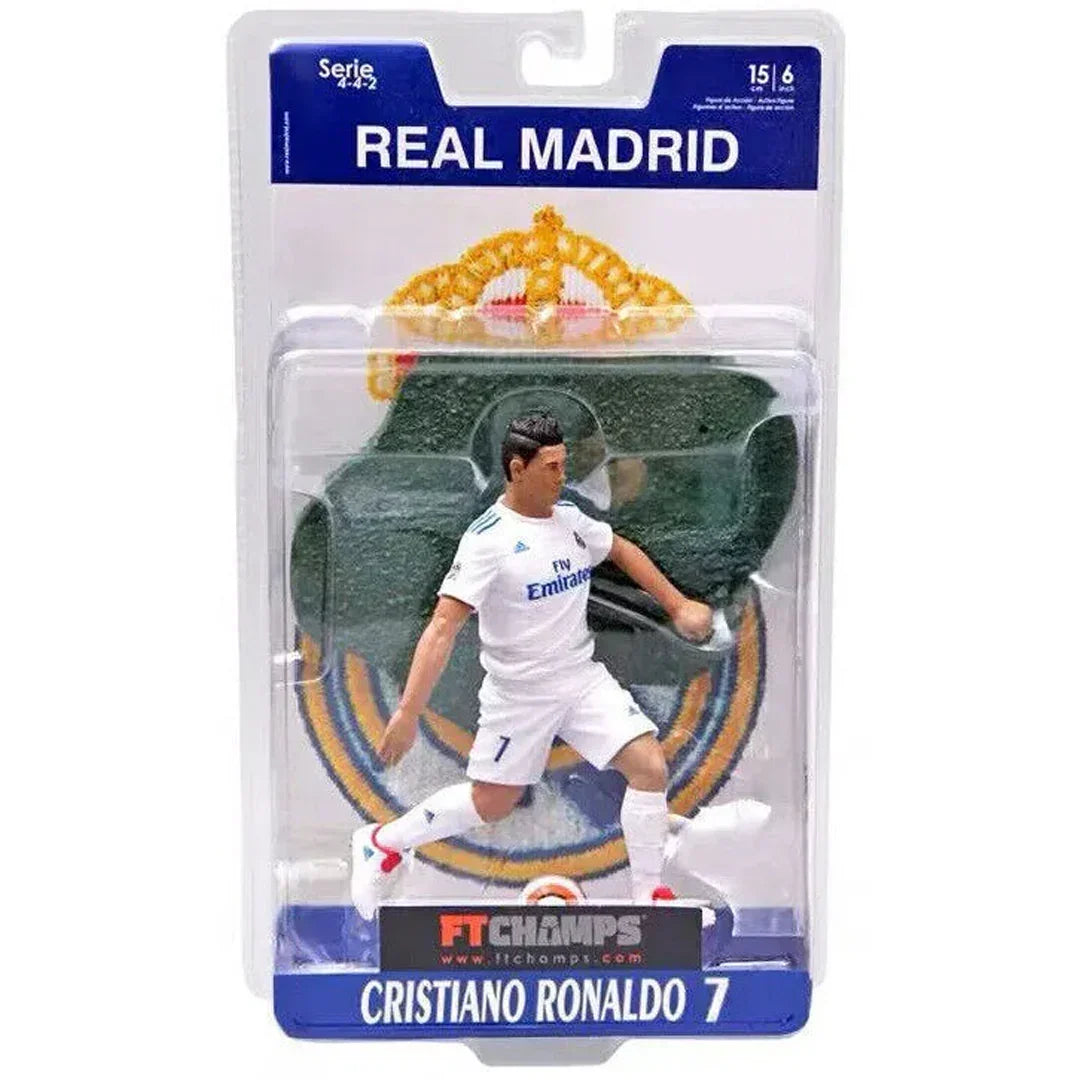 Real Madrid football action figure in white kit, packaged, collectible toy for kids and fans