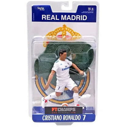 Real Madrid football action figure in white kit, packaged, collectible toy for kids and fans