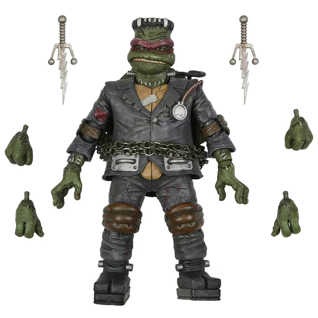 Frankenstein-style action figure with green skin, black suit, extra hands, and accessories.