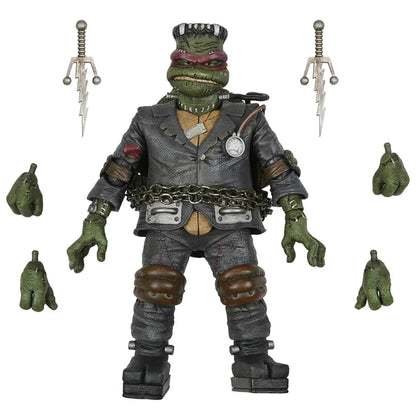 Frankenstein-style action figure with green skin, black suit, extra hands, and accessories.