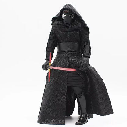 Action figure in black armor and hood holding a red crossguard lightsaber toy collectible
