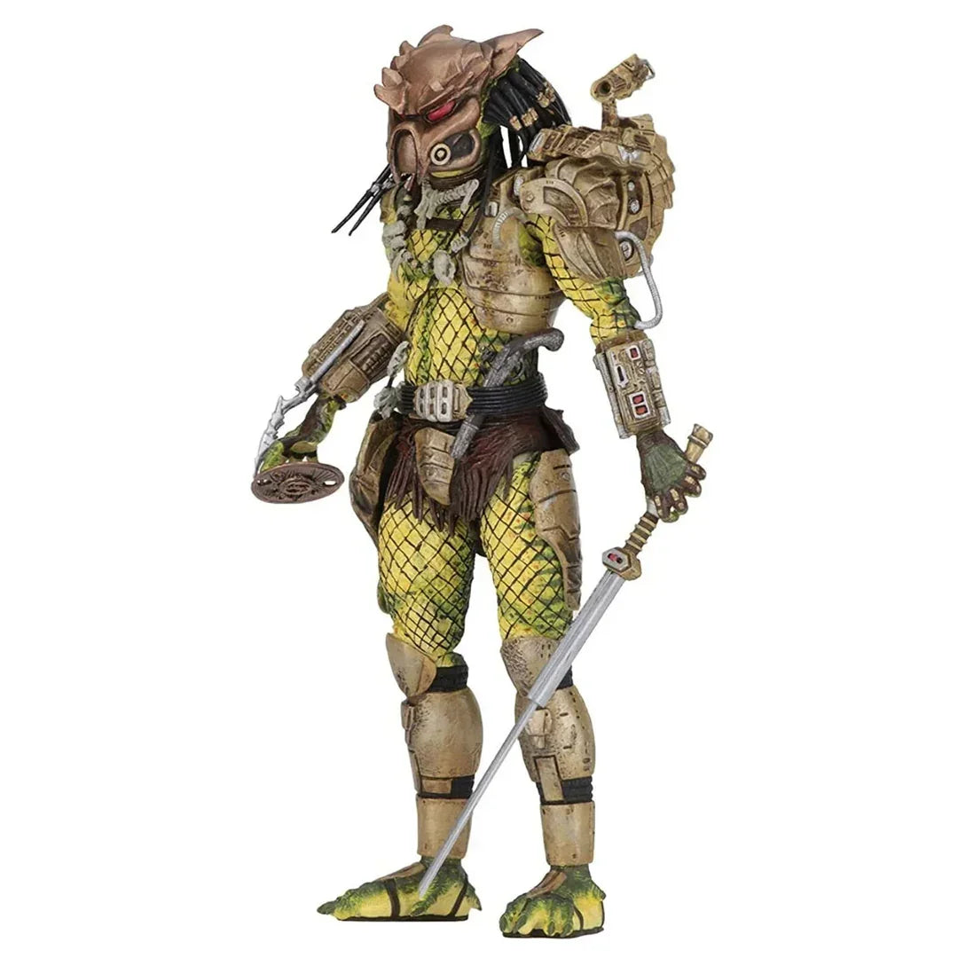 Alien warrior action figure with mask, armor, and sword, collectible toy for kids