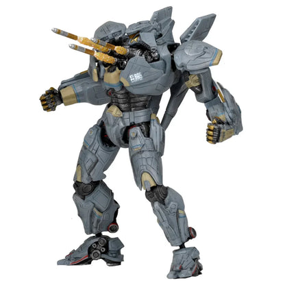 Action figure of a gray armored robot with missile launchers and detailed mechanical features