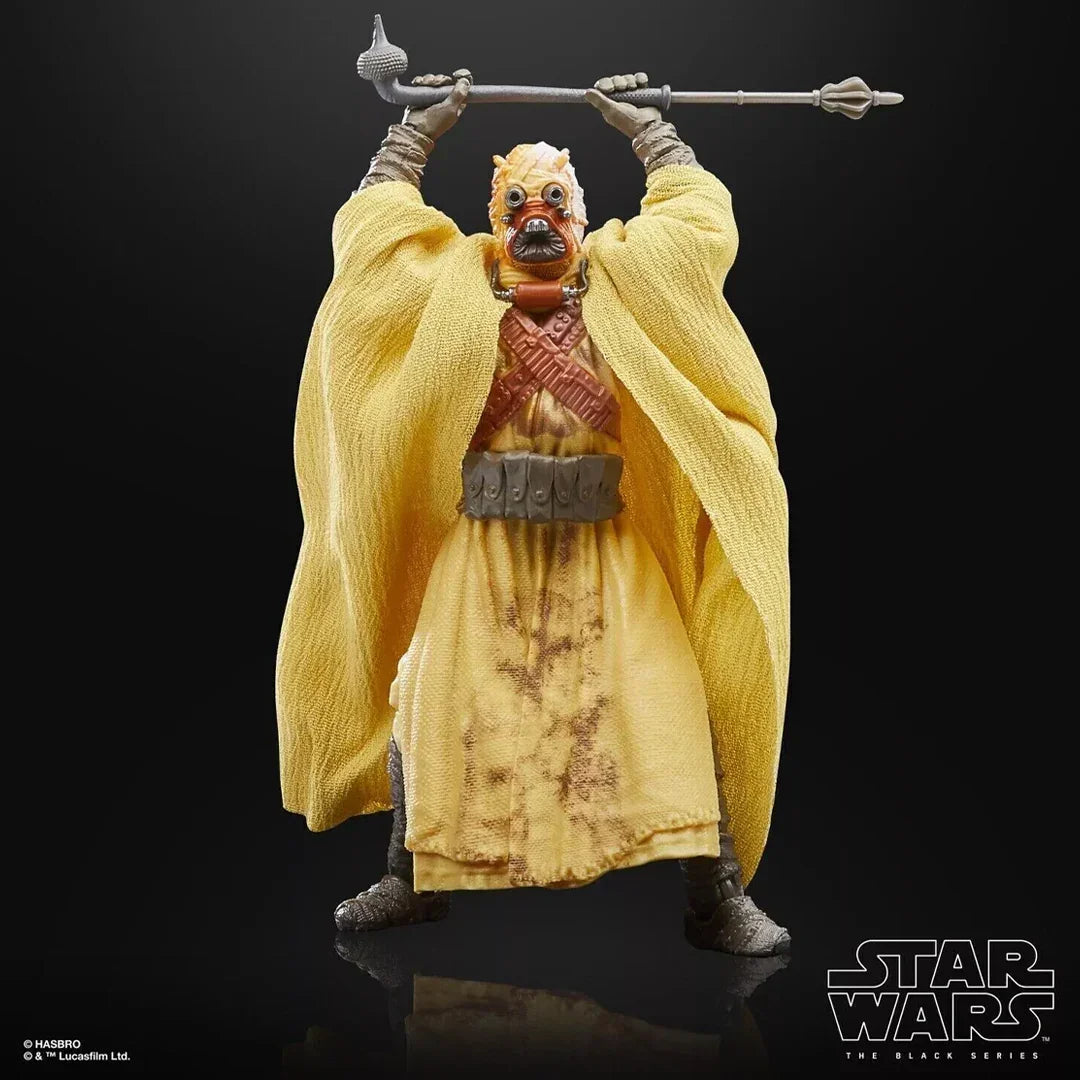 Star Wars Black Series Tusken Raider action figure holding a gaffi stick, collectible toy