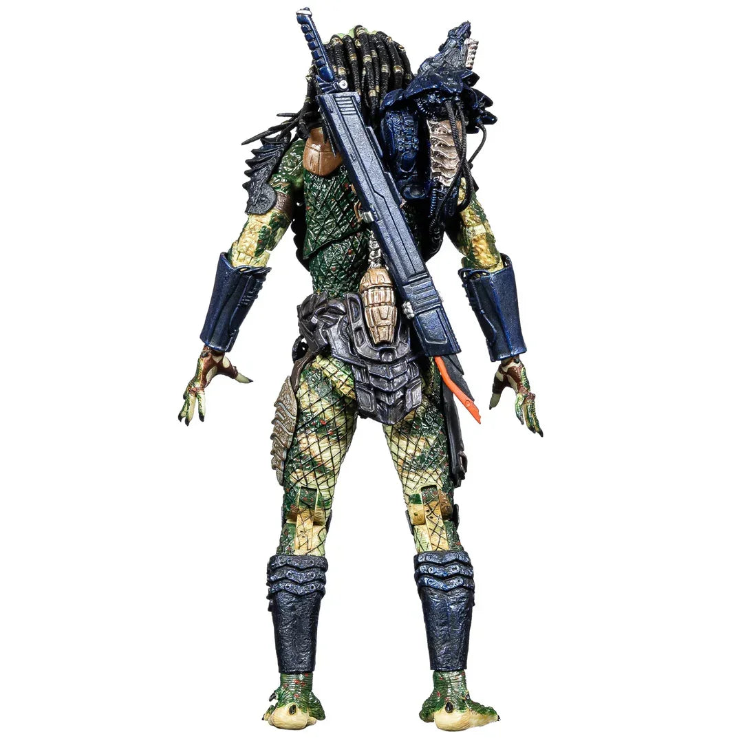 Detailed action figure of an alien warrior with dreadlocks, armor, and weapon accessories