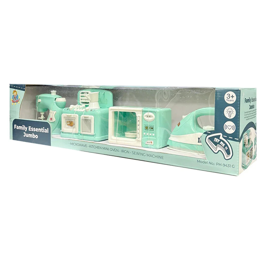 Pablo Honey Mini Iron, Microwave, Oven & Sewing Machine Household Play Set (Blue) - Jaiman Toys