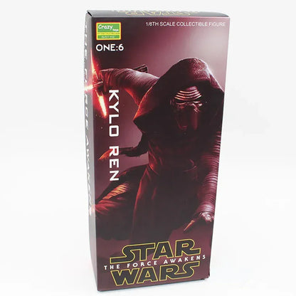 Star Wars Kylo Ren collectible action figure box with red lightsaber, 1/6 scale.