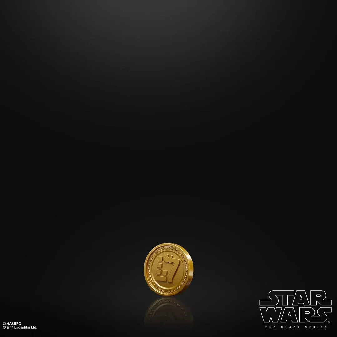 Star Wars The Black Series collectible gold coin with logo on a black background