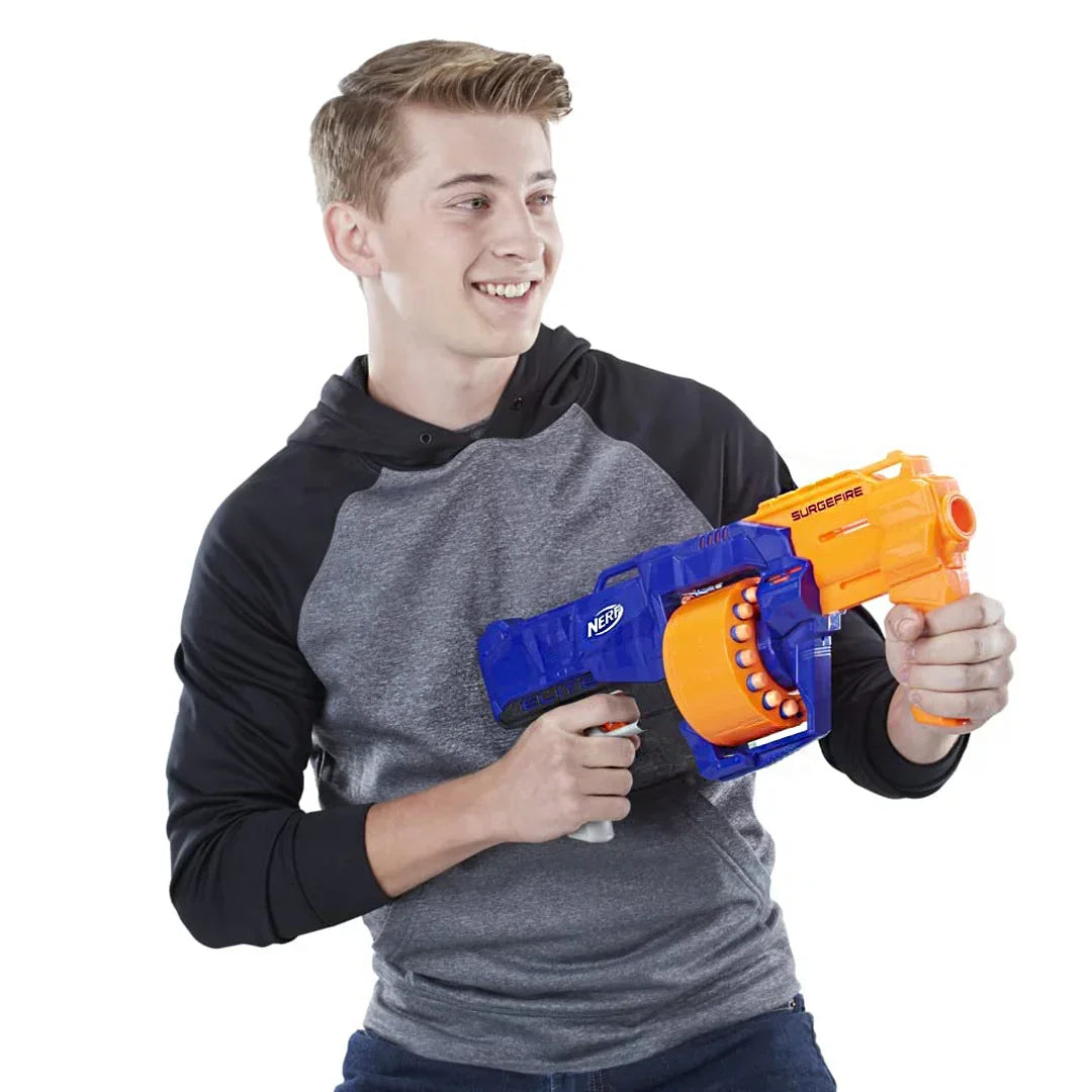 Nerf Surgefire Elite Blaster 15-Dart Rotating Drum, Slam Fire, Includes 15 Official Elite Darts for All Age - Jaiman Toys
