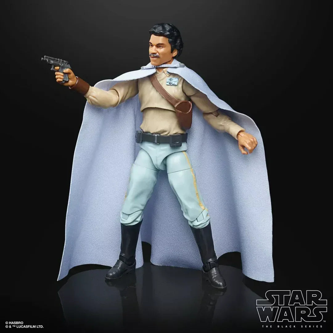 Star Wars Black Series action figure in cape holding blaster, collectible toy, Hasbro