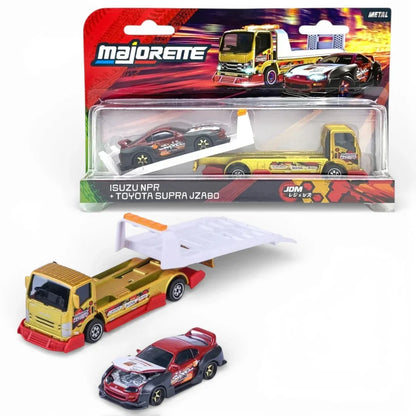 Majorette 1:64 JDM Legends Tuning Transporter – Isuzu NPR Tow Truck + Toyota Supra JZA80 | Diecast Car Set