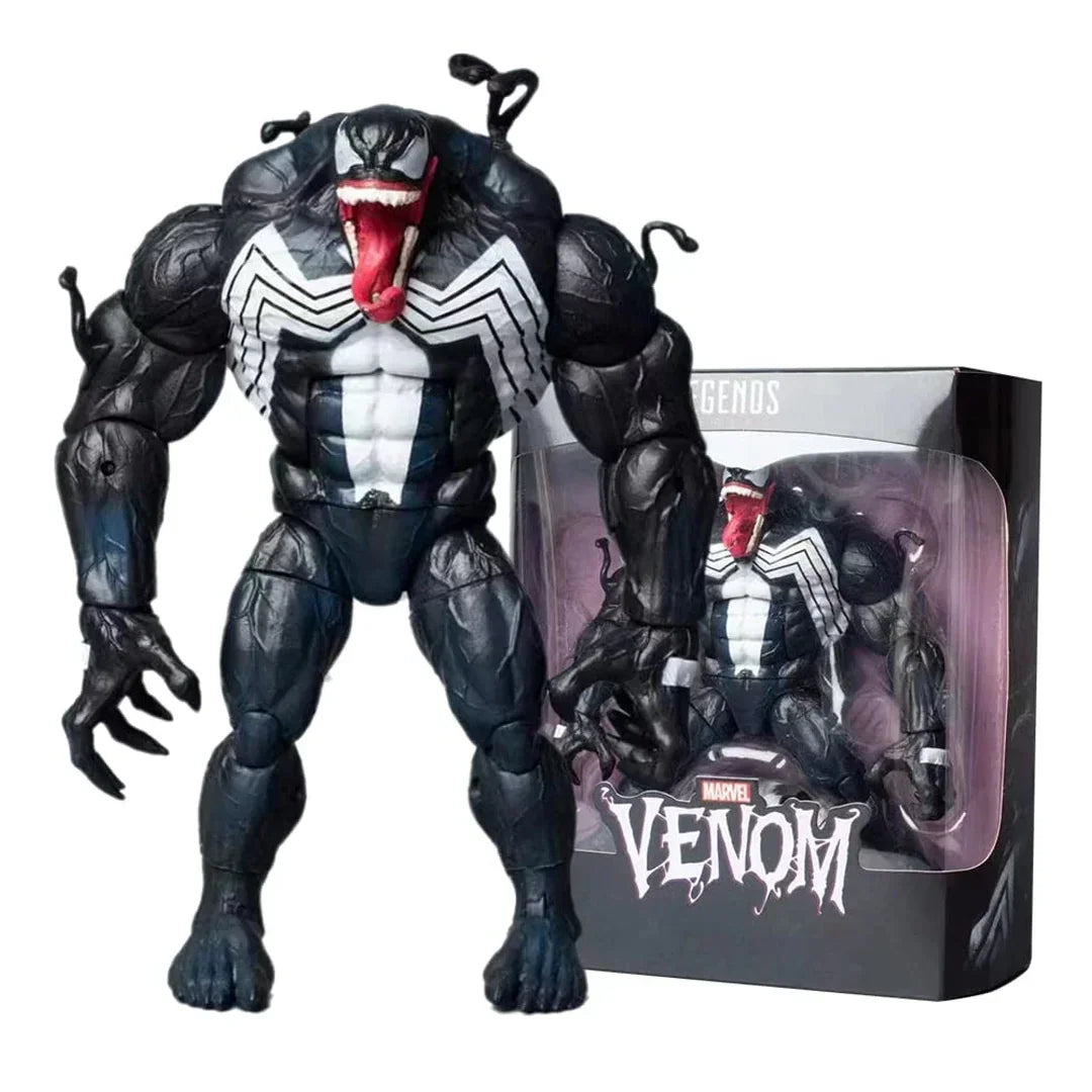 Venom action figure with articulated arms and legs, displayed next to its original box packaging.