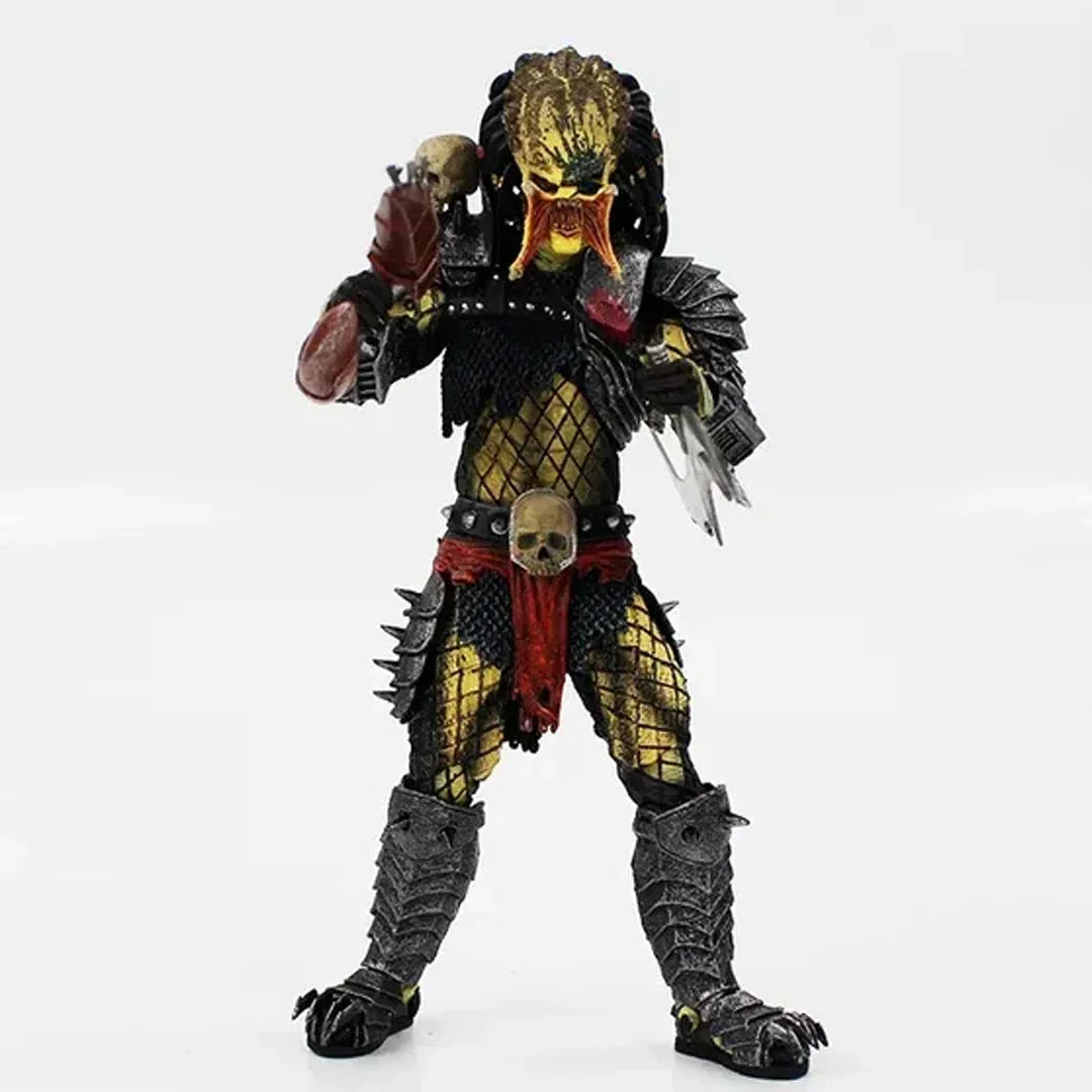 Predator action figure with detailed armor, weapons, and skull accessories on white background