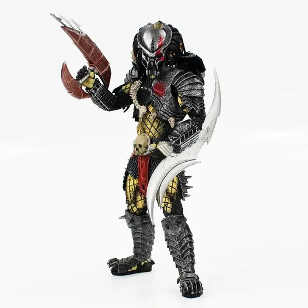 Highly detailed alien warrior action figure with armor, bladed weapons, and skull accessory