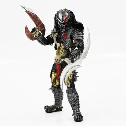 Highly detailed alien warrior action figure with armor, bladed weapons, and skull accessory