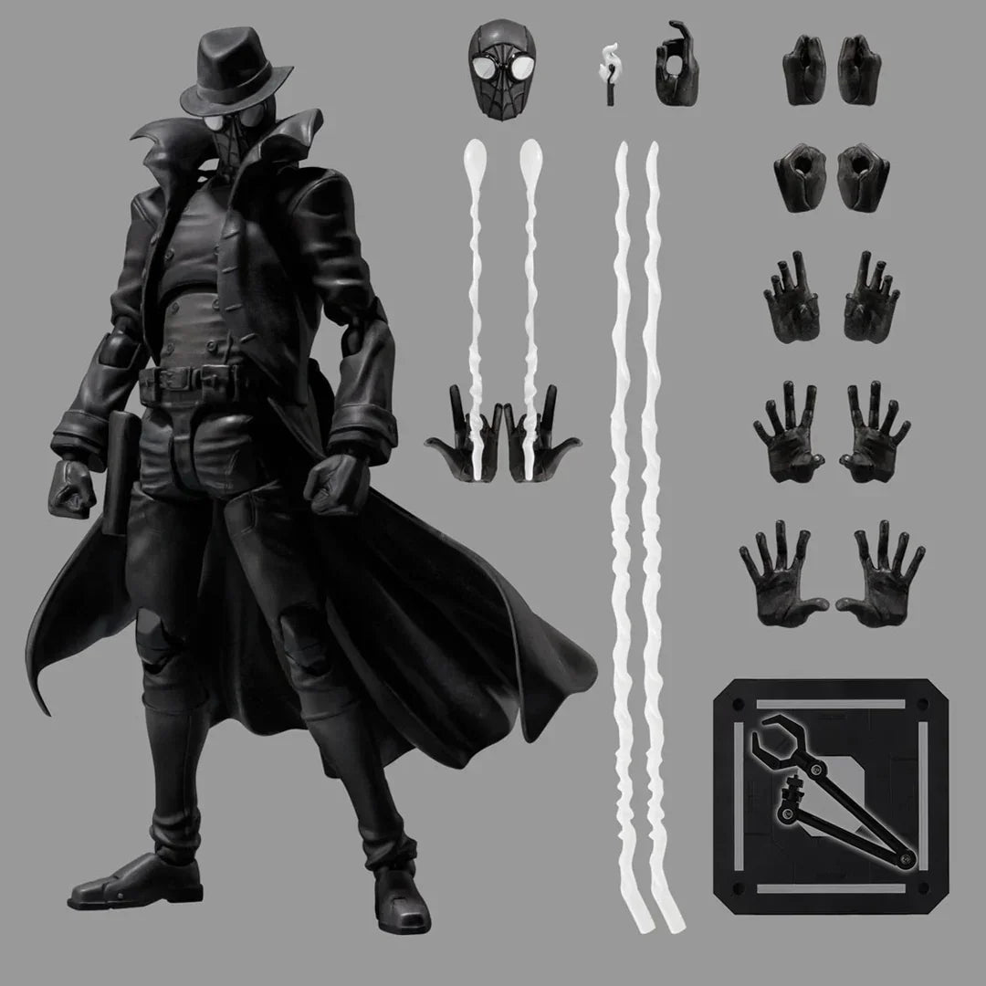 Black action figure with trench coat, hat, extra hands, web accessories, and display stand.