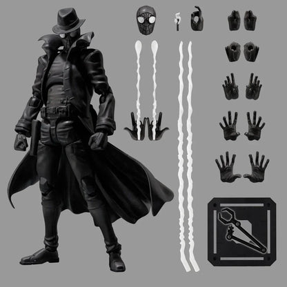 Black action figure with trench coat, hat, extra hands, web accessories, and display stand.