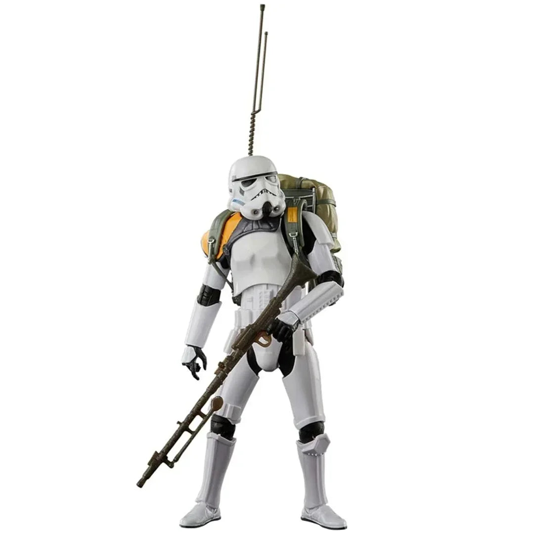Stormtrooper action figure with blaster, backpack, and antenna on white background