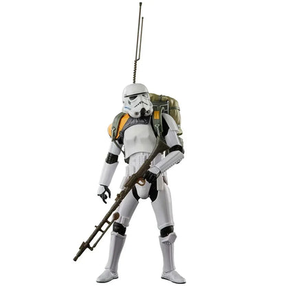 Stormtrooper action figure with blaster, backpack, and antenna on white background