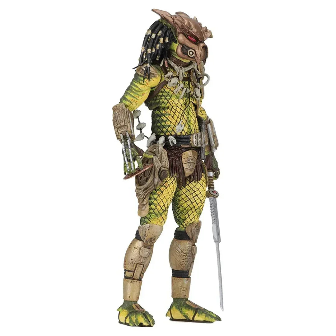 Action figure of an alien hunter with armor, weapon, and dreadlock-style hair on white background