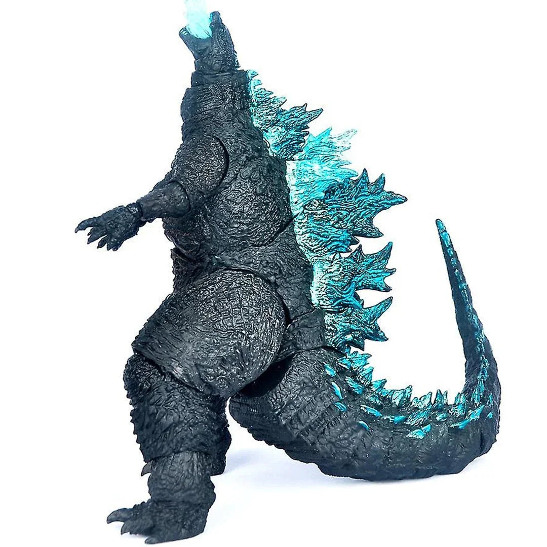 Godzilla action figure toy with blue dorsal fins and atomic breath effect, collectible figure